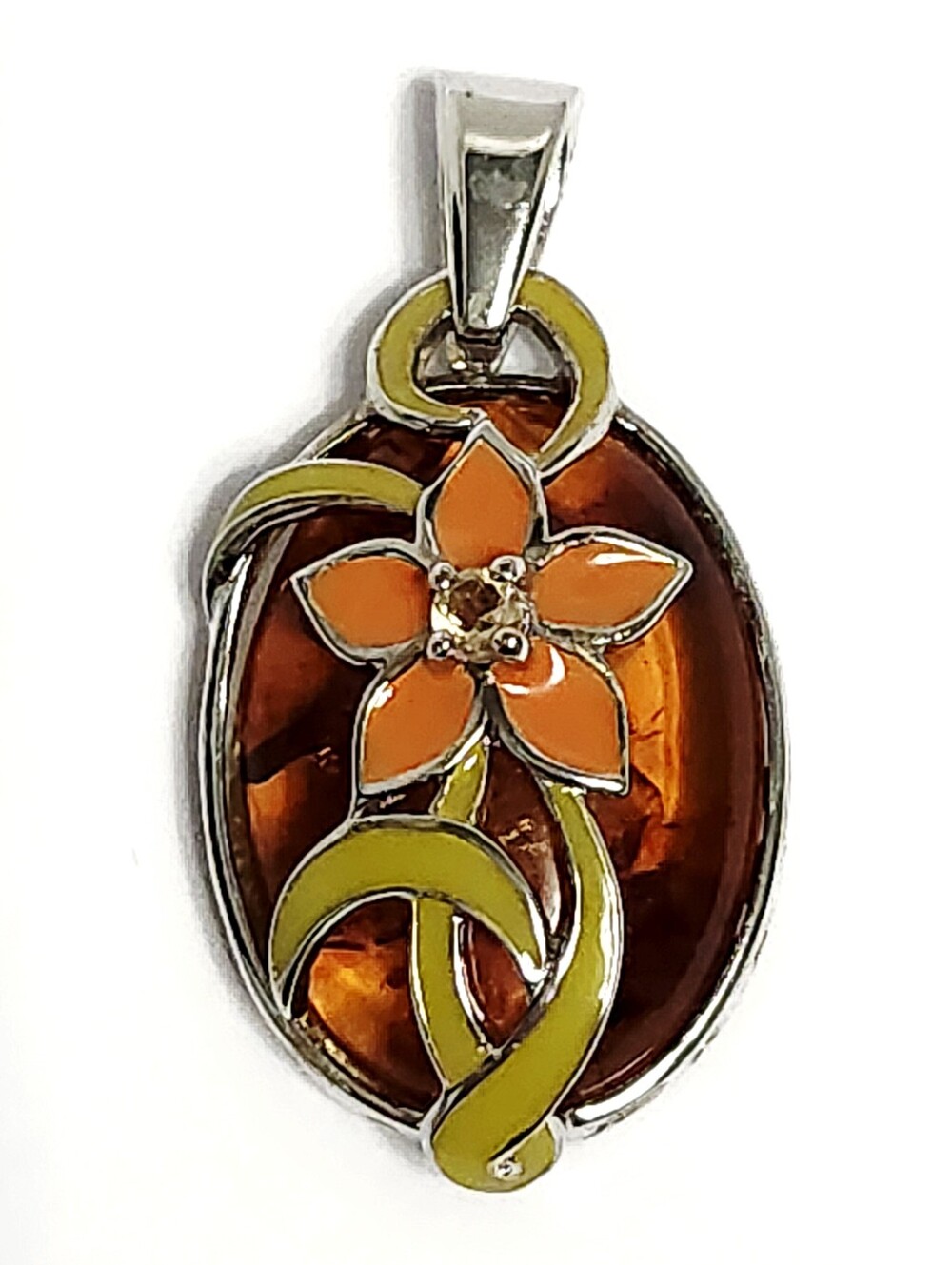 D. Sigal Silver Amber & Citrine Floral Enamel Pendant size 1.5"